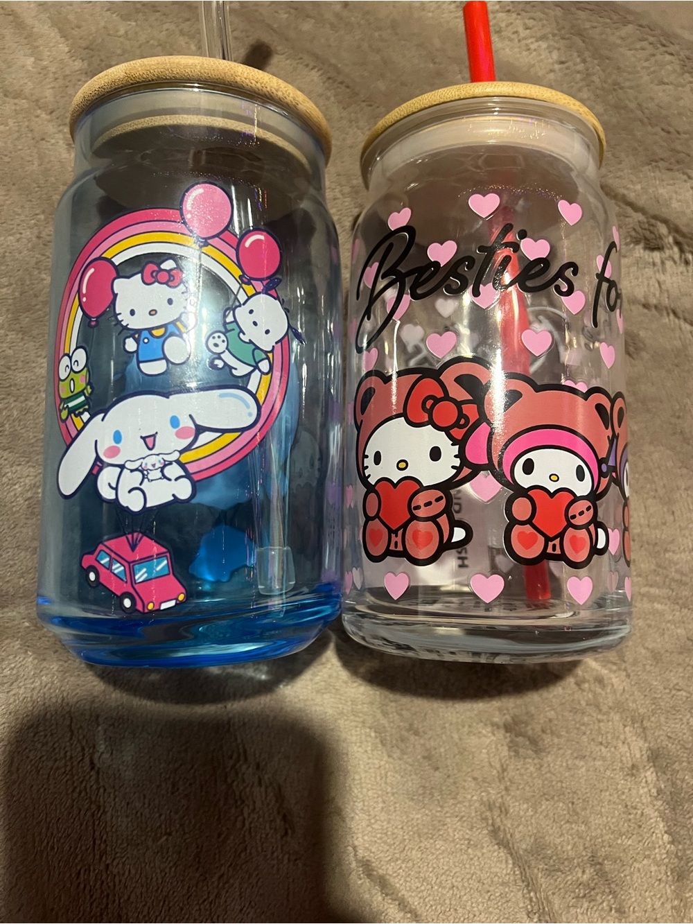 Sanrio Clear Character Glass Tumblers with Pink and Red Accents